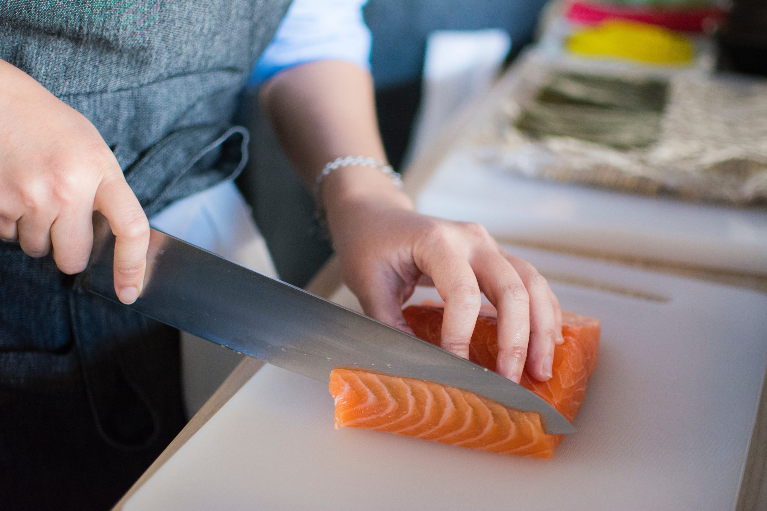 slicing salmon